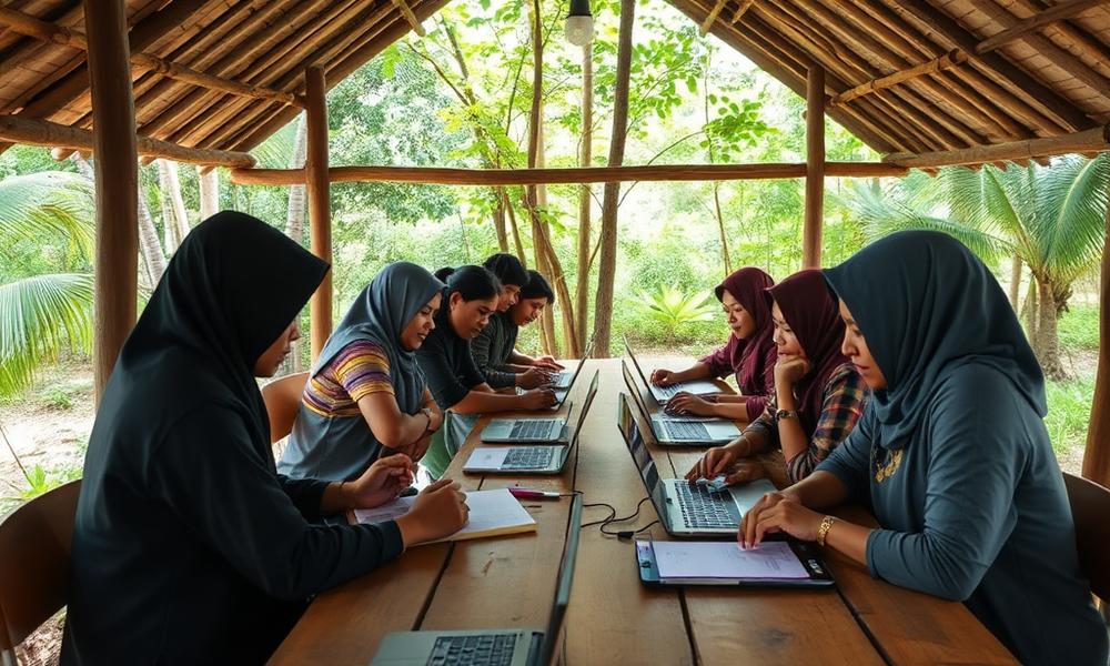 Warga desa belajar bersama dengan laptop di balai bambu terbuka